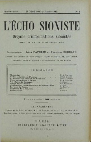 L'Echo Sioniste. Vol. 2 n° 4 (5 janvier 1901)